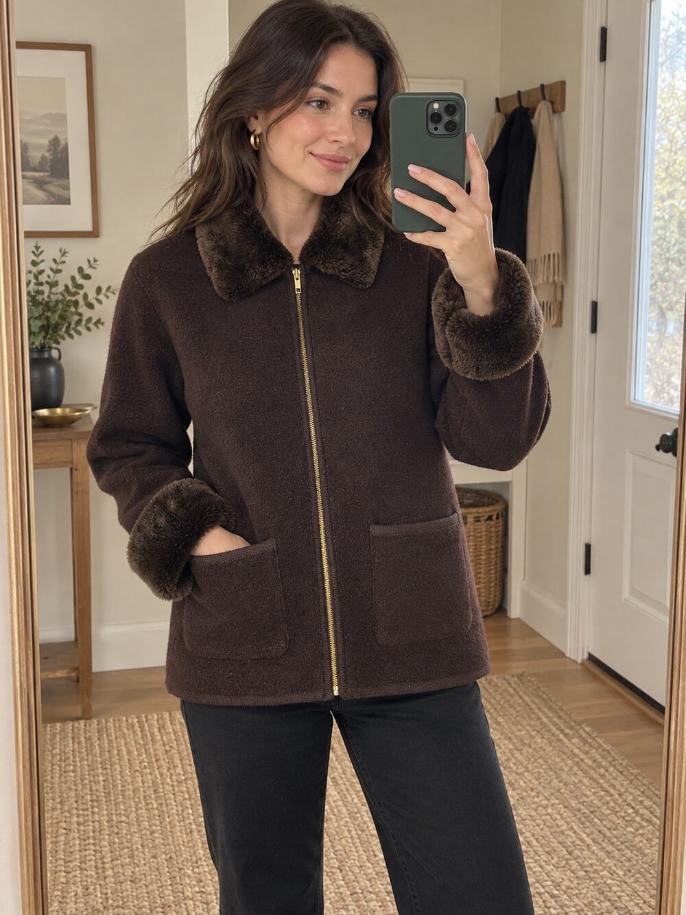 Vintage Daniel Hechter 100% Wool Coat Faux Fur Trim Size Medium Brown